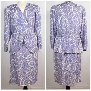 Nordstrom Point of View Silk 2 Piece Skirt Suit Vintage Lavender White Sz 12/14